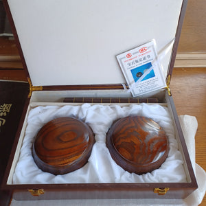 #C290 - Agate & Onyx Set - Wood Bowls - Size 30ish Bi-convex Go Stones - Case - Certificate