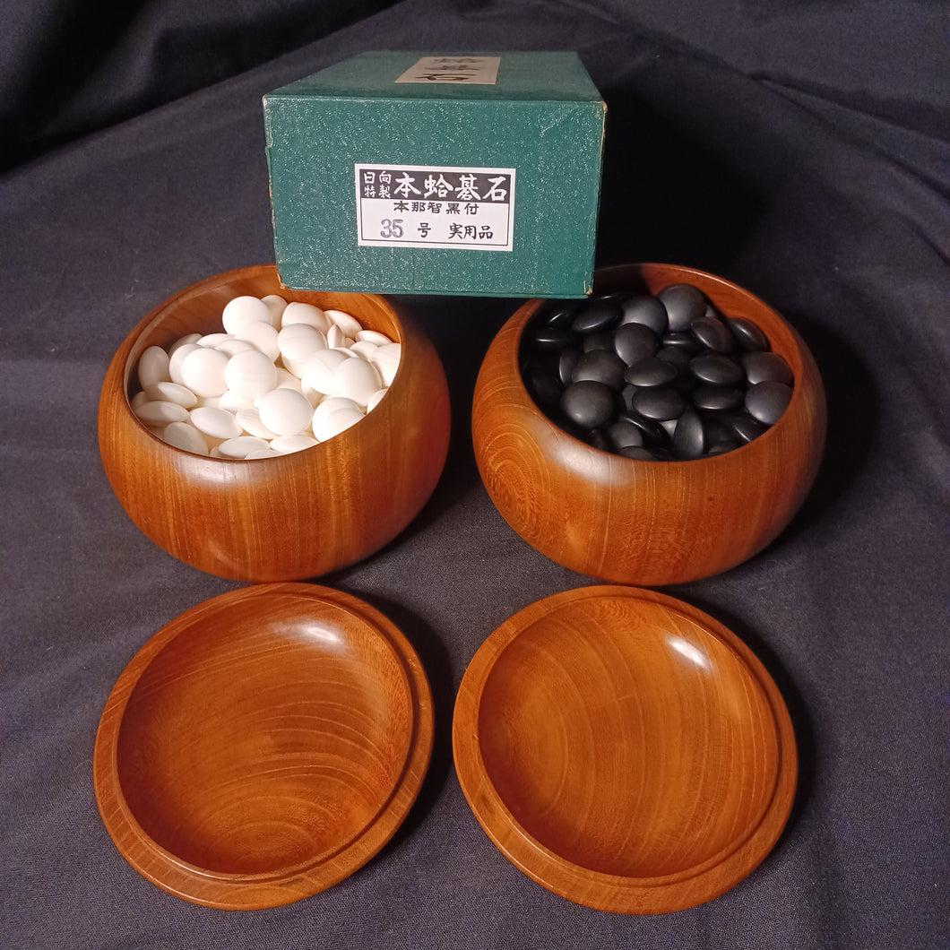 #C318  - Size 35/36 Slate and Shell Go Stones (Japanese) and Go Bowls (keyaki) Set
