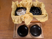 Load image into Gallery viewer, #C463 - Size 25 Go Stones (Slate &amp; Shell) and Go Bowls (Ebony) Set - Paulownia Box