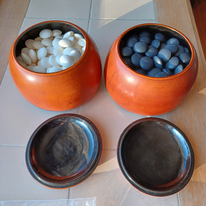 #C202 - Size 38 Go Stones and Go Bowls Set - Slate & Shell - Moon/Snow - Lacquered Bowls