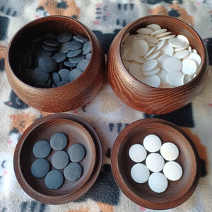 #C218 - Size 15 Go Stones (Japanese Slate and Shell) and Go Bowls (Chestnut) Set