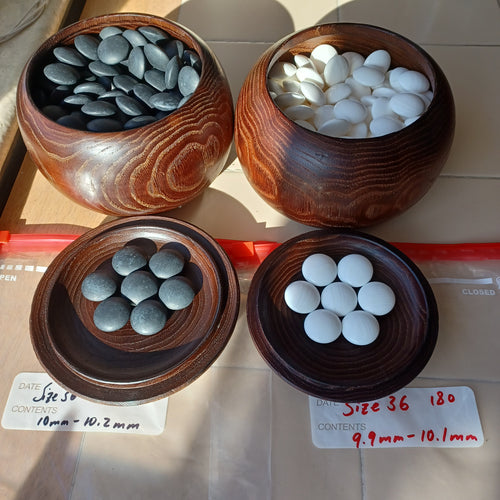 #C225 - Size 36 Go Stones (slate and shell) and Go Bowls (chestnut) Set