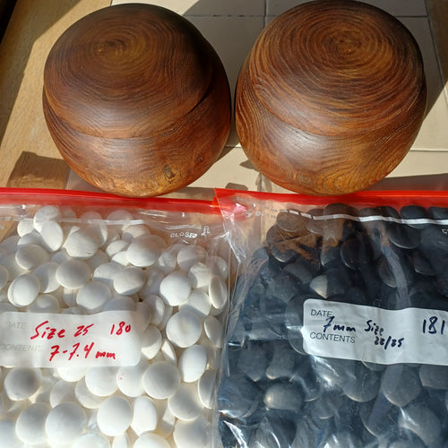 #C226 - Size 25 Go Stones (Japanese Slate and Shell) and Go Bowls (Chestnut) Set